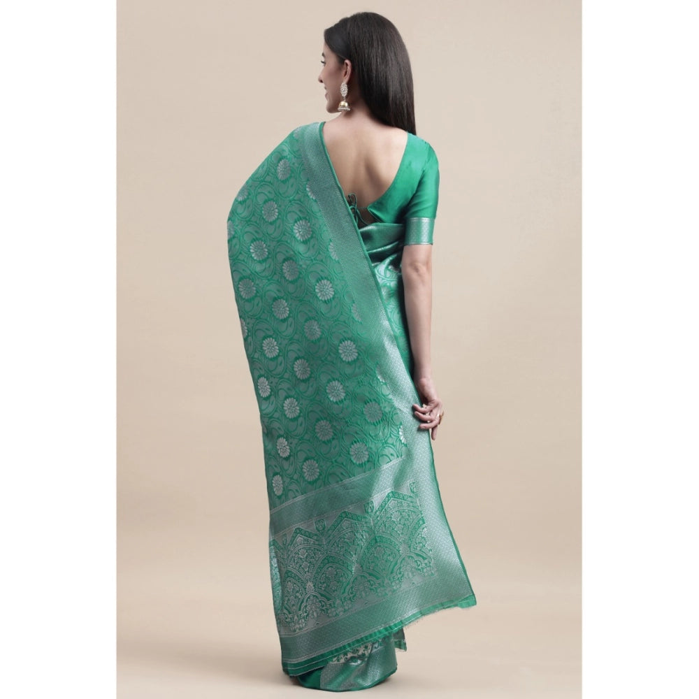 Shopper Beast Women's Kanjivaram Silk Designer Silver Weaving Saree With Unstitched Blouse (Green, 5.50 Mtrs)