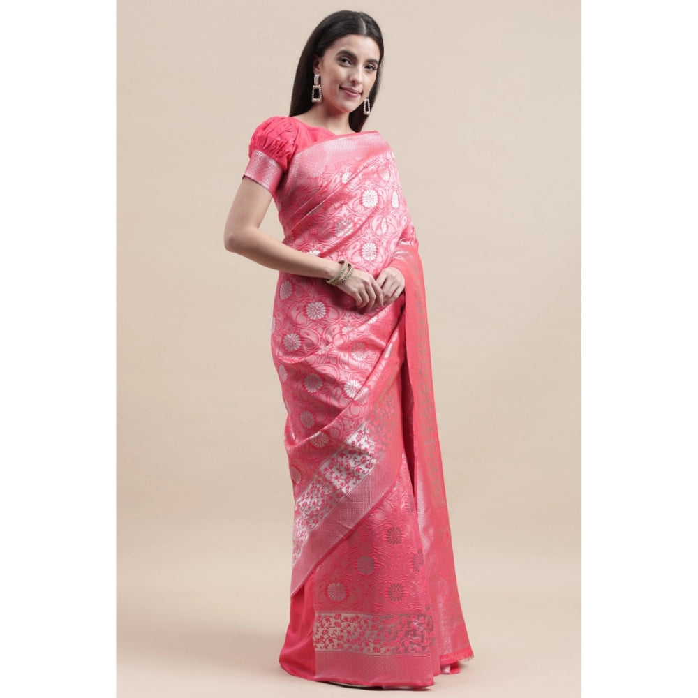 Shopper Beast Women's Kanjivaram Silk Designer Silver Weaving Saree With Unstitched Blouse (Pink, 5.50 Mtrs)