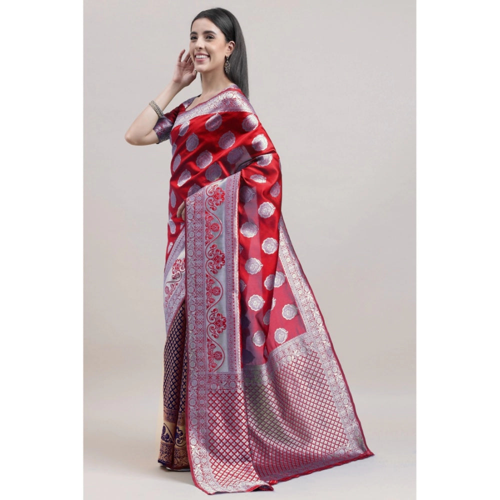 Shopper Beast Women's Kanjivaram Silk Designer Weaving Saree With Unstitched Blouse (Red &amp; Blue, 5.50 Mtrs)