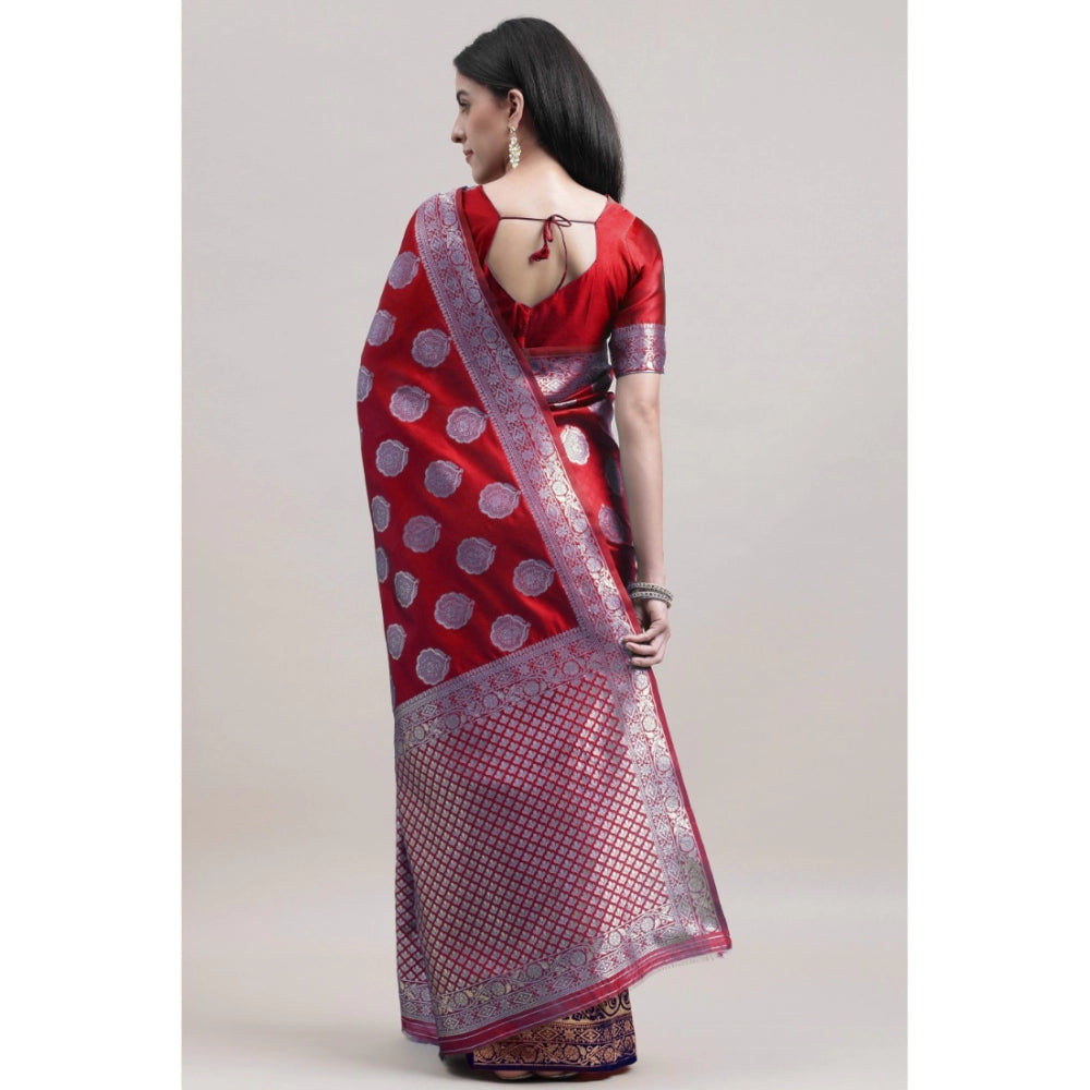 Shopper Beast Women's Kanjivaram Silk Designer Weaving Saree With Unstitched Blouse (Red &amp; Blue, 5.50 Mtrs)