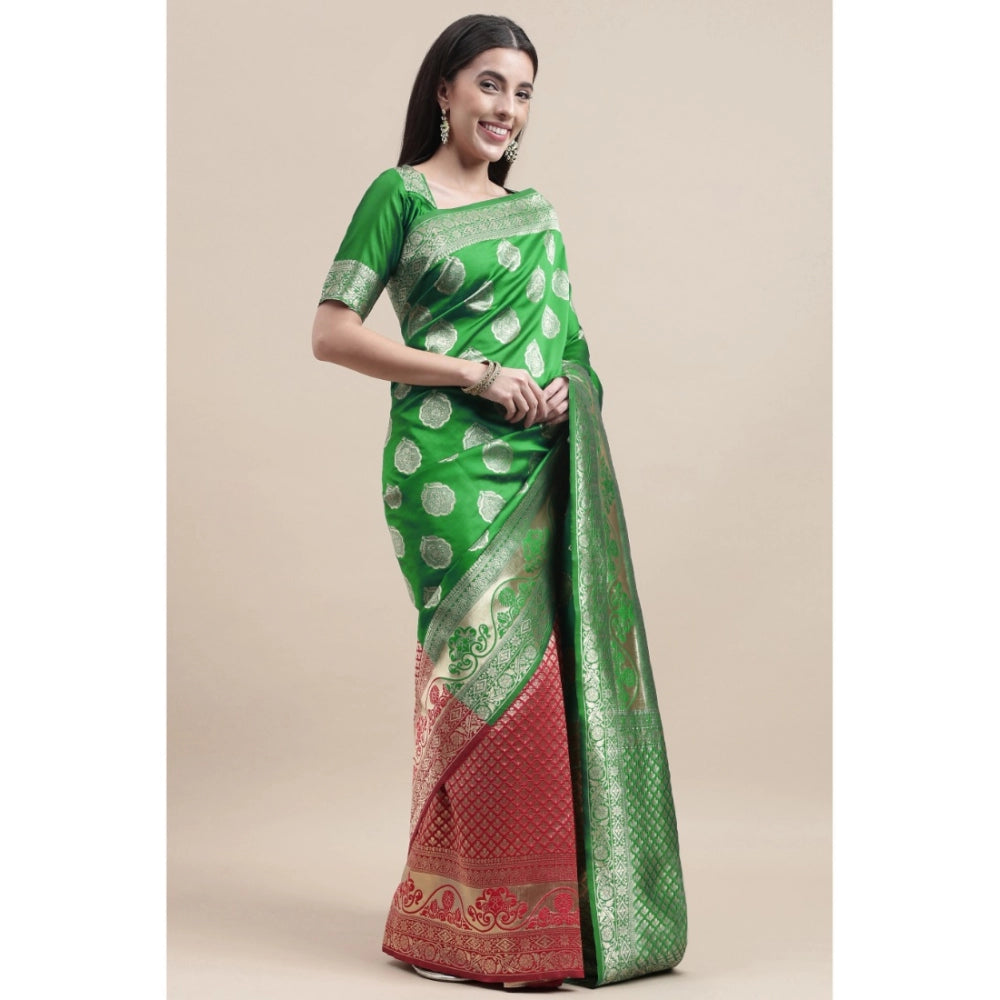 Shopper Beast Women's Kanjivaram Silk Designer Weaving Saree With Unstitched Blouse (Green &amp; Red, 5.50 Mtrs)