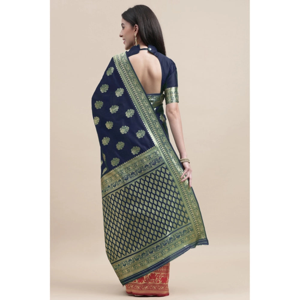 Shopper Beast Women's Kanjivaram Silk Designer Weaving Saree With Unstitched Blouse (Blue,Red, 5.50 Mtrs)