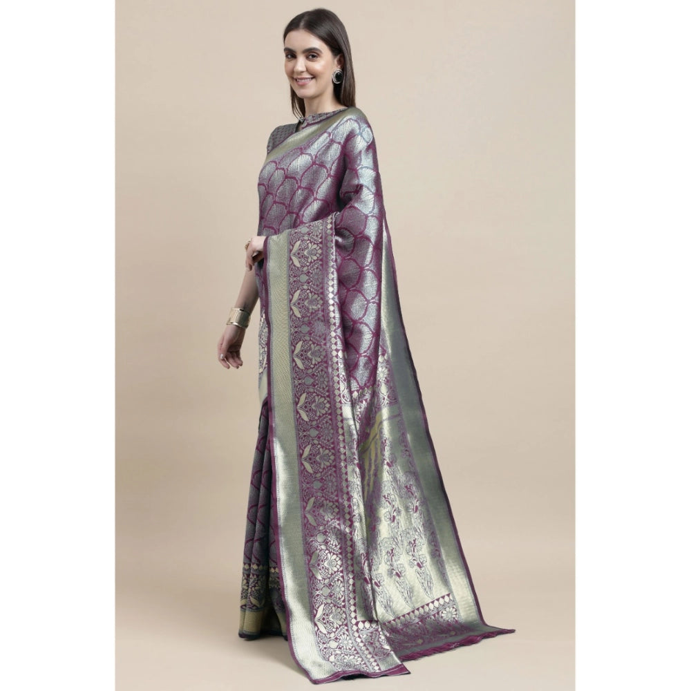 Shopper Beast Women's Banarasi Silk Designer Weaving Saree With Unstitched Blouse (Purple, 5.50 Mtrs)