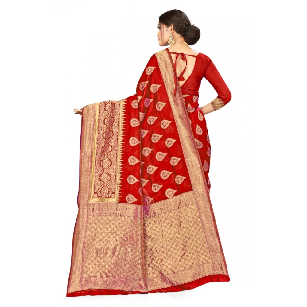 Shopper Beast Women's Banarasi Silk Designer Weaving Saree With Unstitched Blouse (Red, 5.50 Mtrs)