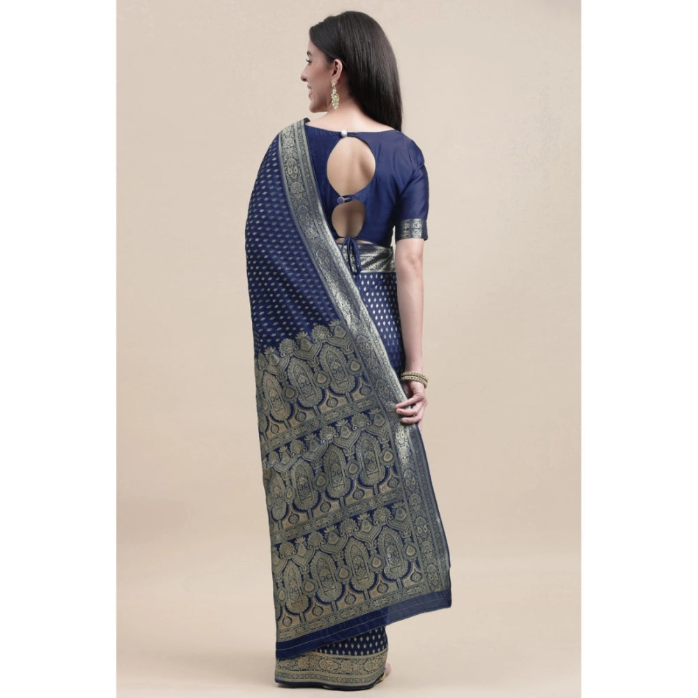 Shopper Beast Women's Kanjivaram Silk Designer Weaving Saree With Unstitched Blouse (Blue, 5.50 Mtrs)