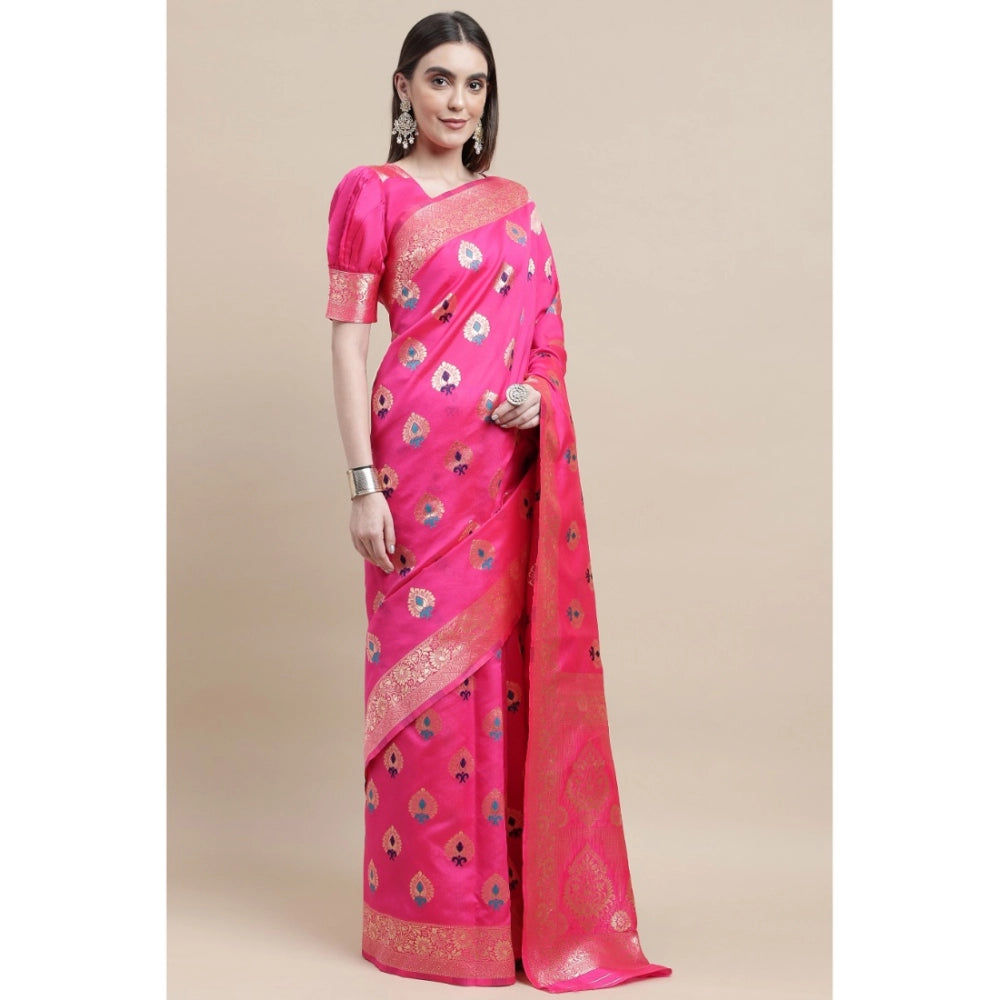 Shopper Beast Women's Kanjivaram Silk Designer Weaving Saree With Unstitched Blouse (Pink, 5.50 Mtrs)