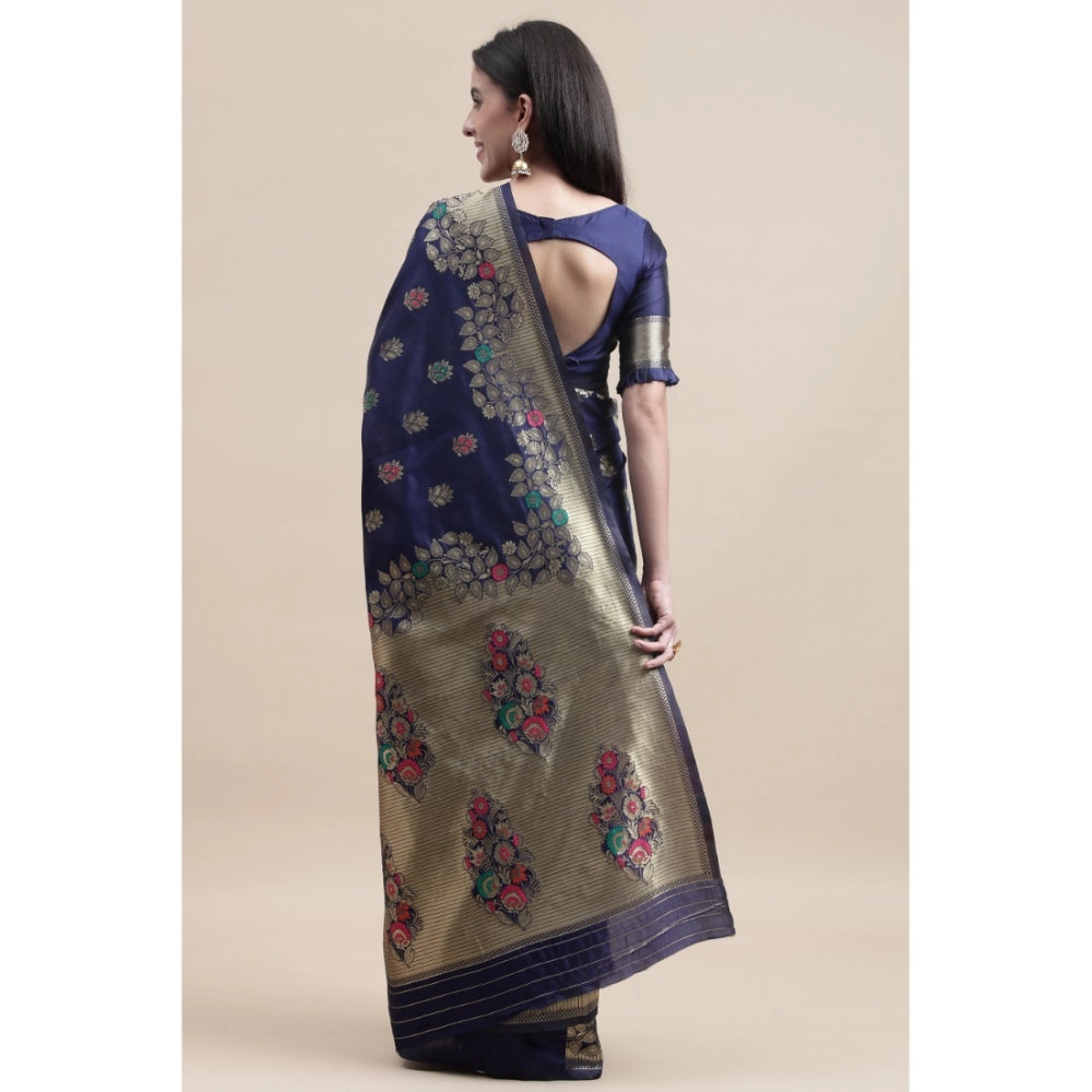 Shopper Beast Women's Kanjivaram Silk Designer Weaving Saree With Unstitched Blouse (Blue, 5.50 Mtrs)