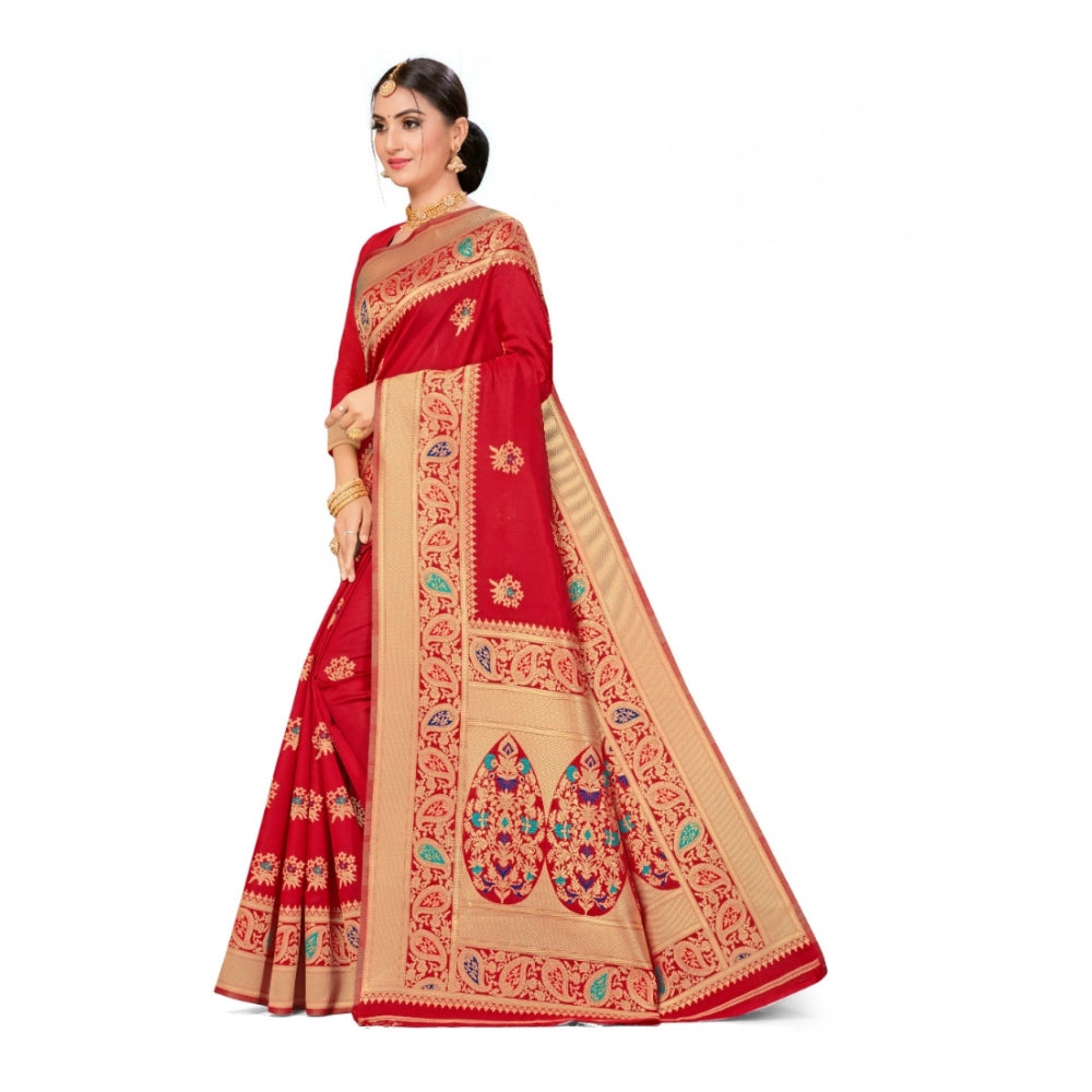 Shopper Beast Women's Banarasi Silk Designer Weaving Saree With Unstitched Blouse (Red, 5.50 Mtrs)