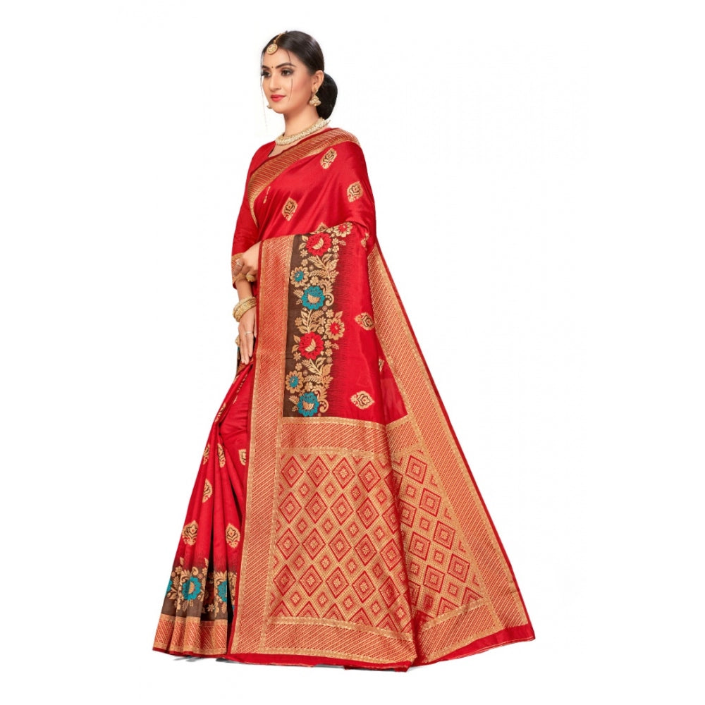 Shopper Beast Women's Banarasi Silk Designer Weaving Saree With Unstitched Blouse (Red, 5.50 Mtrs)