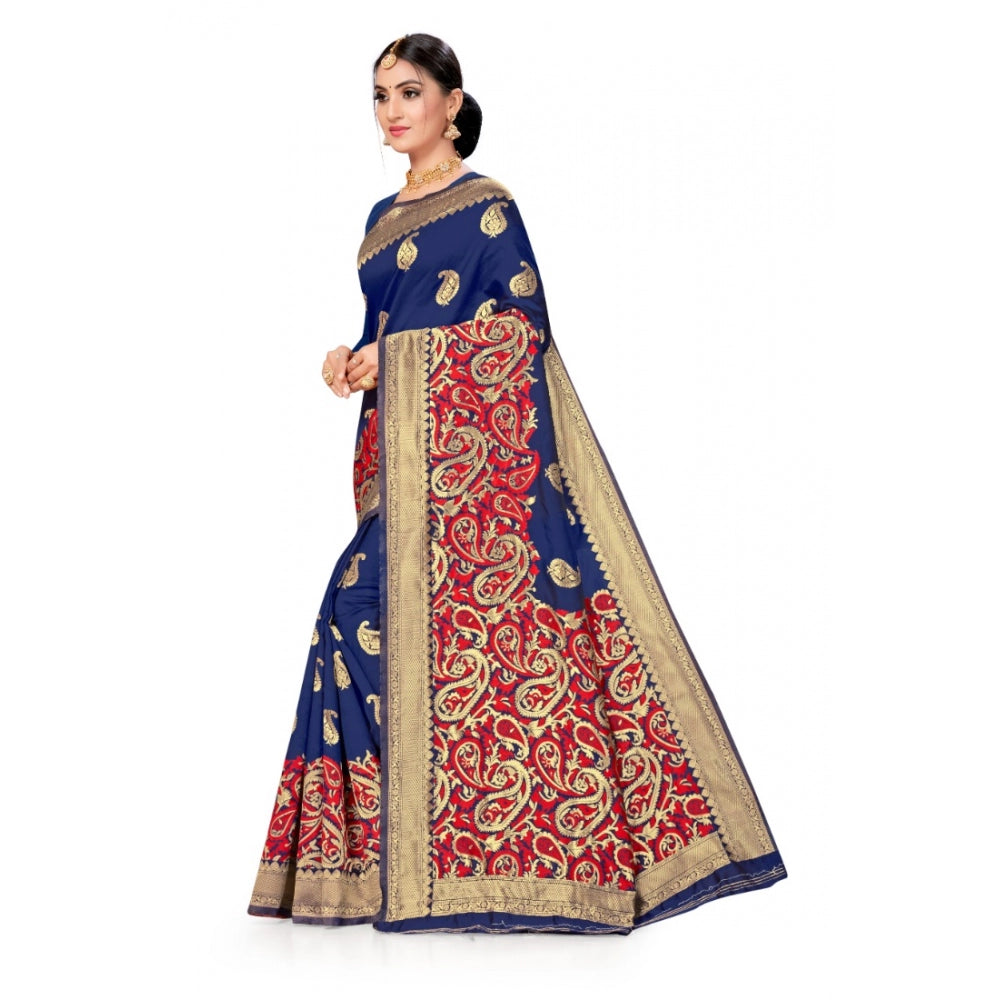 Shopper Beast Women's Banarasi Silk Designer Weaving Saree With Unstitched Blouse (Blue, 5.50 Mtrs)