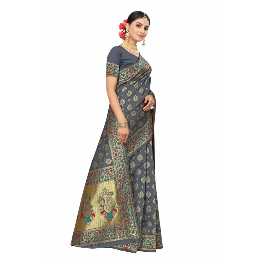 Shopper Beast Women's Banarasi Silk Designer Weaving Saree With Unstitched Blouse (Grey, 5.50 Mtrs)