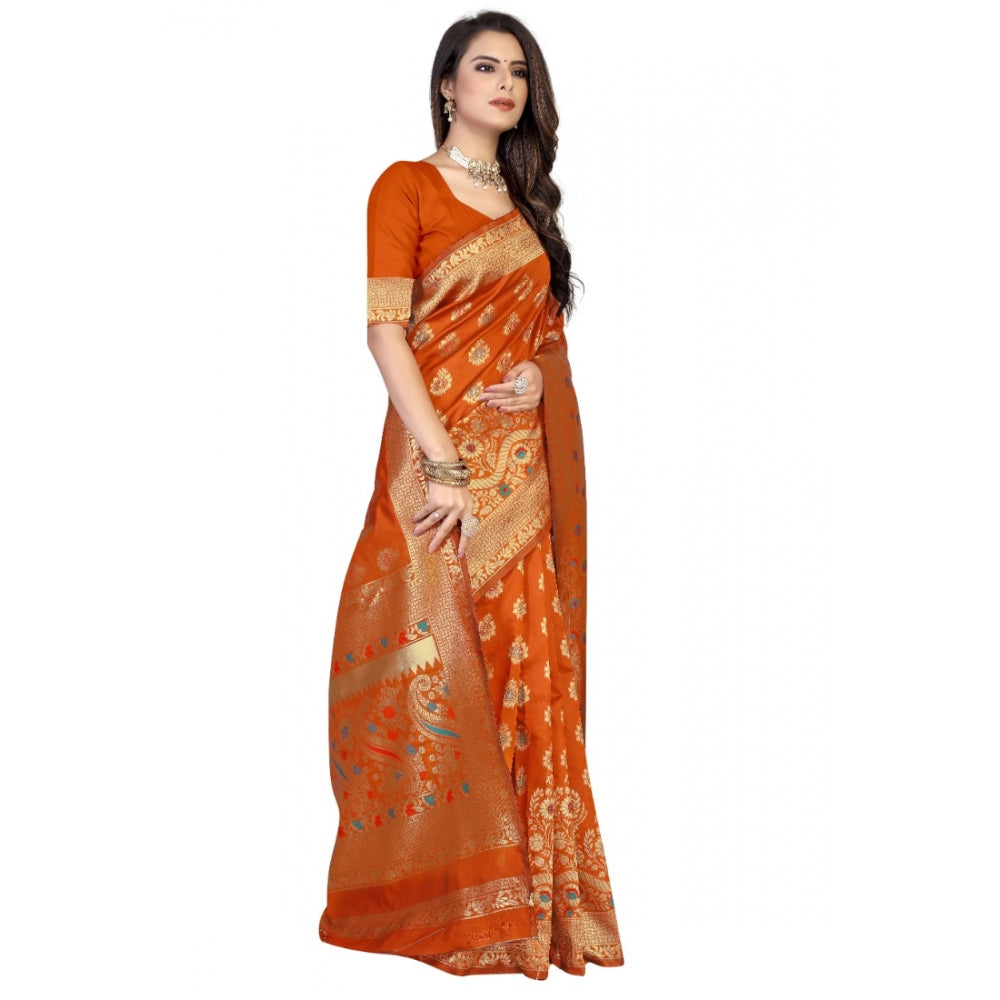 Shopper Beast Women's Banarasi Silk Designer Weaving Saree With Unstitched Blouse (Orange, 5.50 Mtrs)