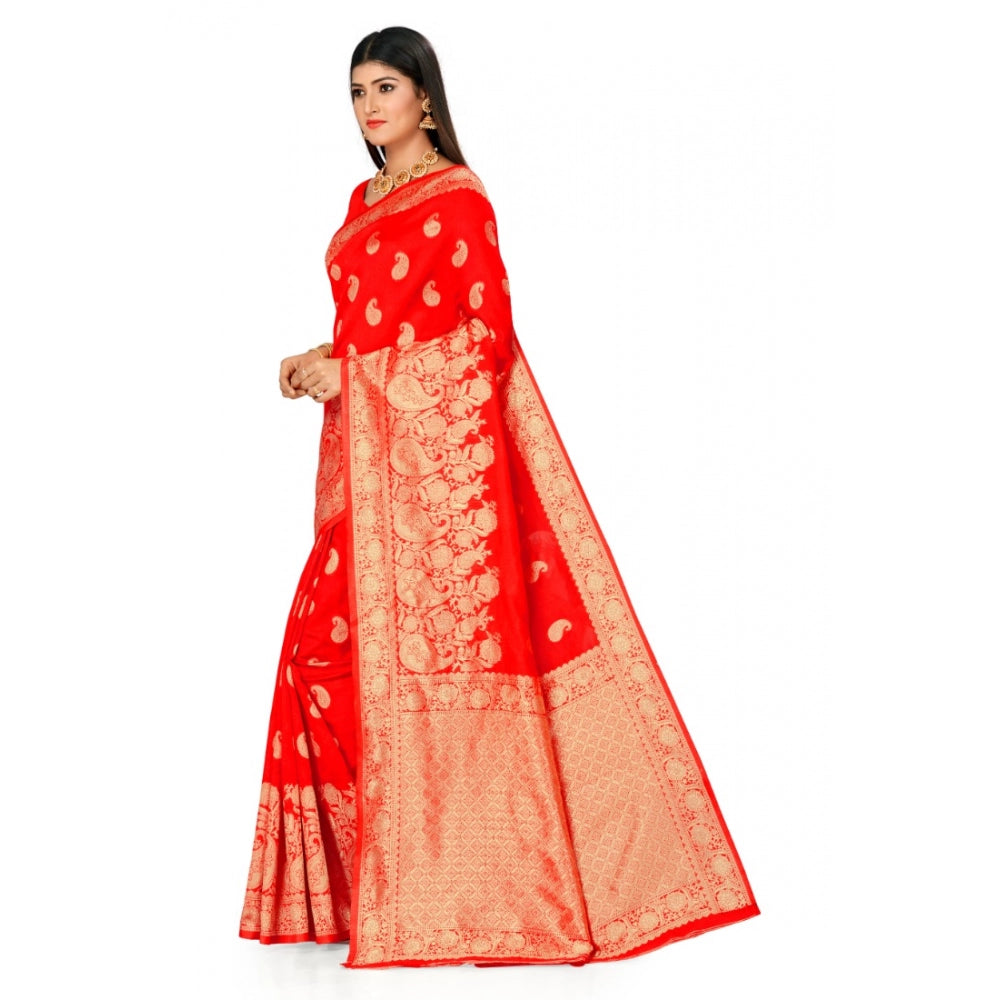 Shopper Beast Women's Banarasi Silk Designer Weaving Saree With Unstitched Blouse (Red, 5.50 Mtrs)