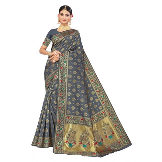 Shopper Beast Women's Banarasi Silk Designer Weaving Saree With Unstitched Blouse (Grey, 5.50 Mtrs)