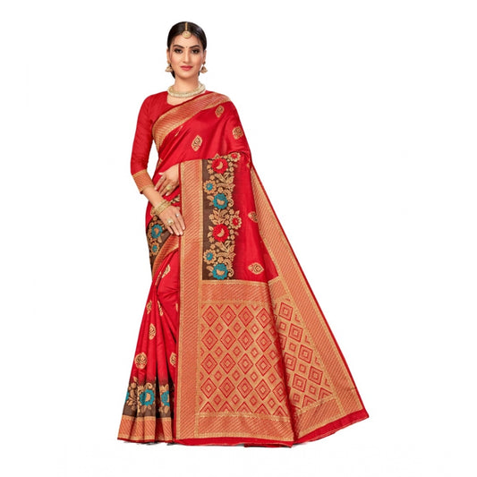 Shopper Beast Women's Banarasi Silk Designer Weaving Saree With Unstitched Blouse (Red, 5.50 Mtrs)