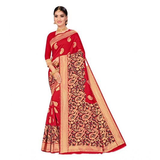 Shopper Beast Women's Banarasi Silk Designer Weaving Saree With Unstitched Blouse (Red, 5.50 Mtrs)