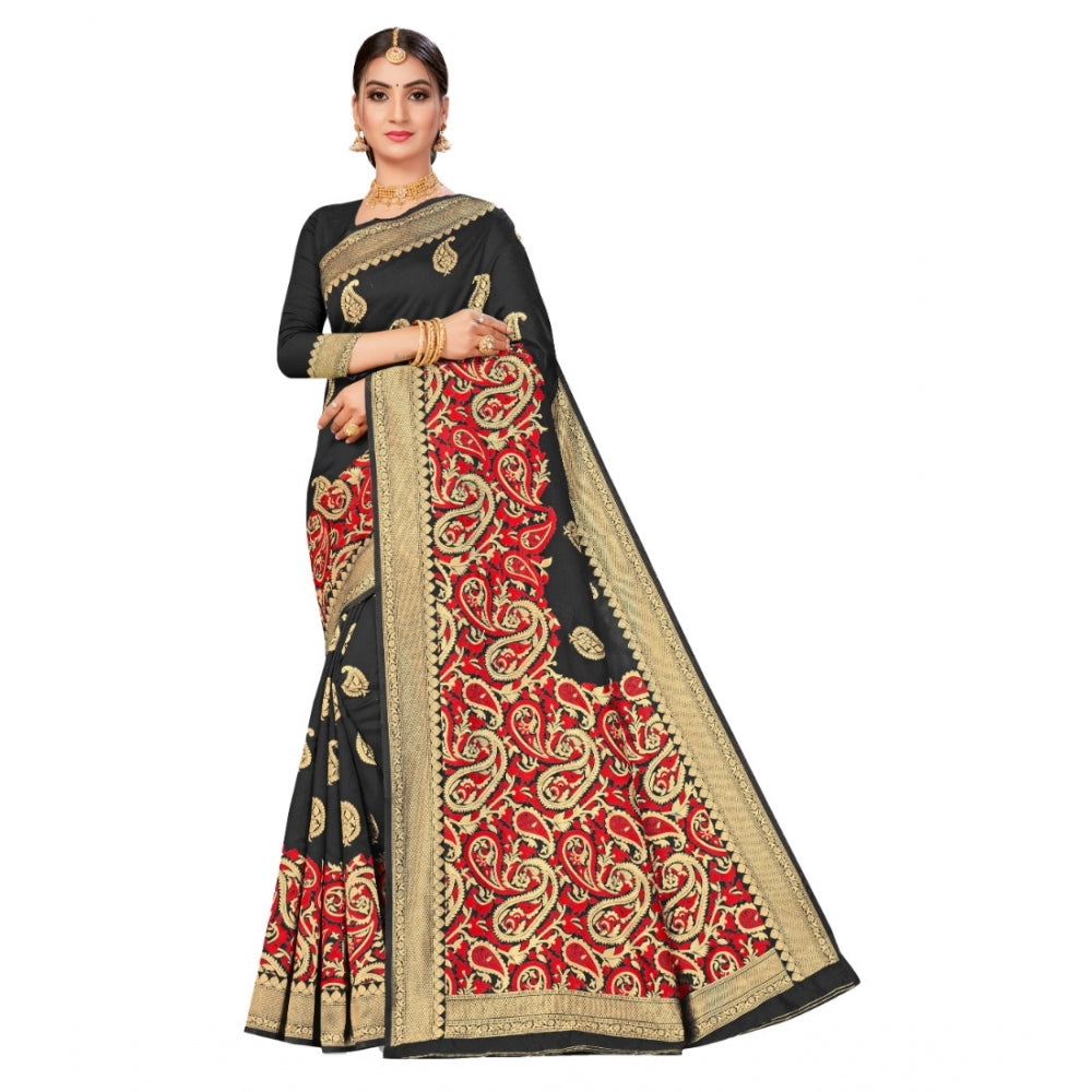 Shopper Beast Women's Banarasi Silk Designer Weaving Saree With Unstitched Blouse (Black, 5.50 Mtrs)