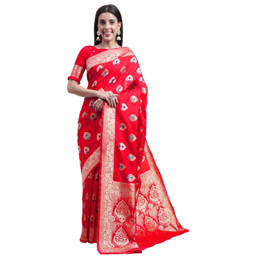 Shopper Beast Women's Kanjivaram Silk Designer Weaving Saree With Unstitched Blouse (Red, 5.50 Mtrs)