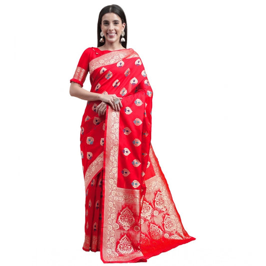 Shopper Beast Women's Kanjivaram Silk Designer Weaving Saree With Unstitched Blouse (Red, 5.50 Mtrs)