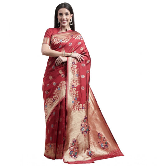 Shopper Beast Women's Kanjivaram Silk Designer Weaving Saree With Unstitched Blouse (Red, 5.50 Mtrs)