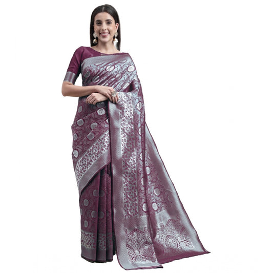 Shopper Beast Women's Kanjivaram Silk Designer Silver Weaving Saree With Unstitched Blouse (Purple, 5.50 Mtrs)