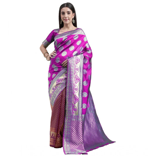 Shopper Beast Women's Kanjivaram Silk Designer Weaving Saree With Unstitched Blouse (Purple &amp; Voilet, 5.50 Mtrs)