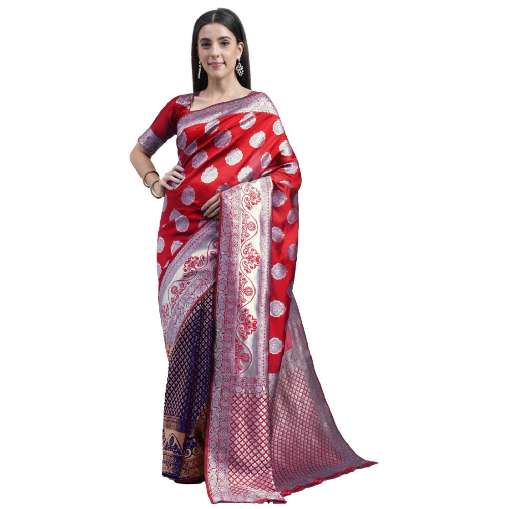 Shopper Beast Women's Kanjivaram Silk Designer Weaving Saree With Unstitched Blouse (Red &amp; Blue, 5.50 Mtrs)