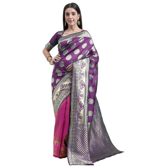 Shopper Beast Women's Kanjivaram Silk Designer Weaving Saree With Unstitched Blouse (Voilet &amp; Purple, 5.50 Mtrs)