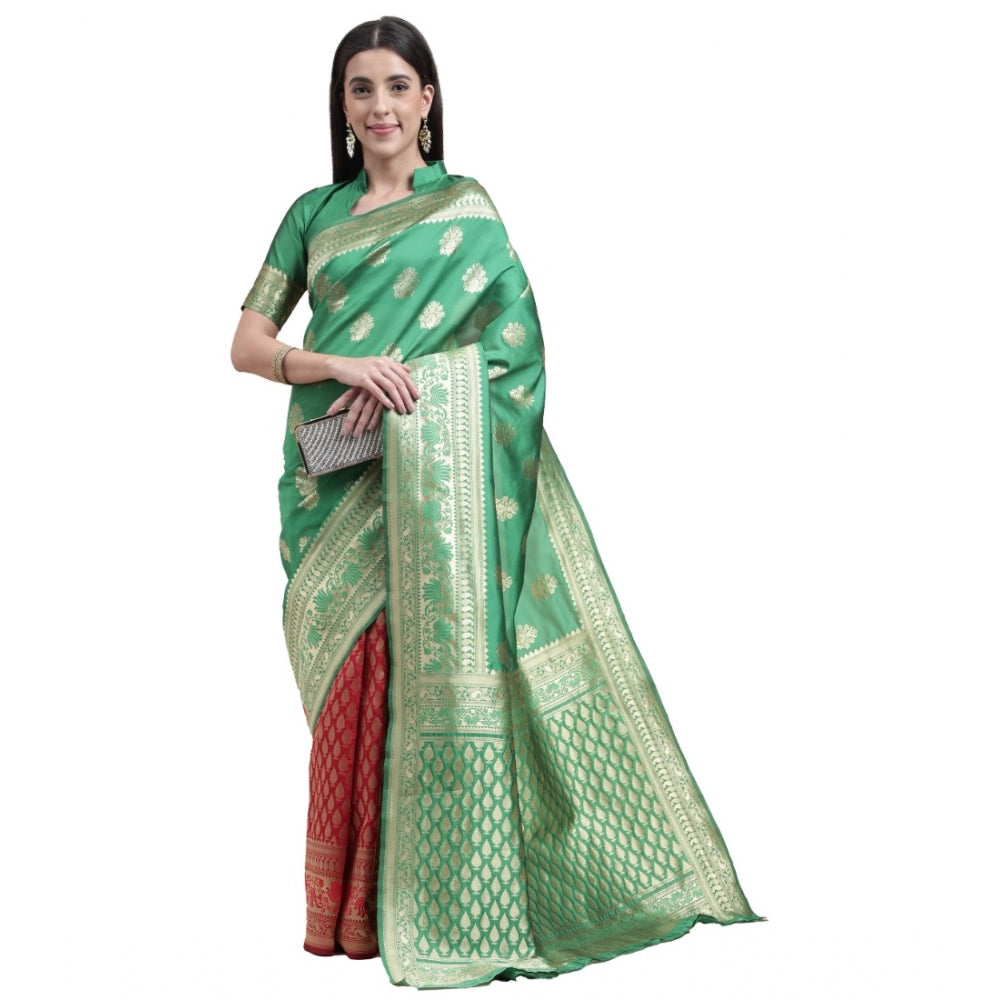 Shopper Beast Women's Kanjivaram Silk Designer Weaving Saree With Unstitched Blouse (Green &amp; Red, 5.50 Mtrs)