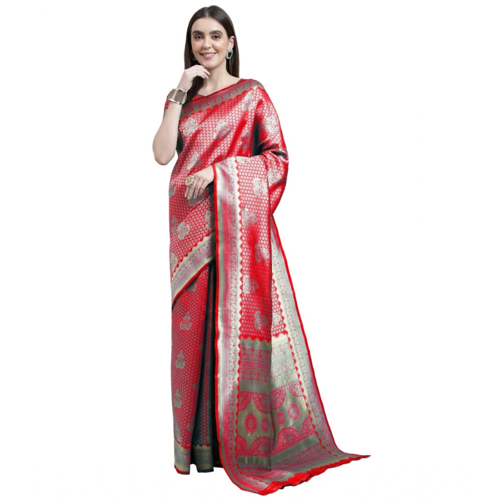 Shopper Beast Women's Banarasi Silk Designer Weaving Saree With Unstitched Blouse (Red, 5.50 Mtrs)