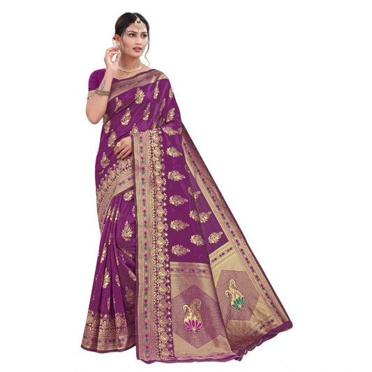 Shopper Beast Women's Banarasi Silk Designer Weaving Saree With Unstitched Blouse (Purple, 5.50 Mtrs)