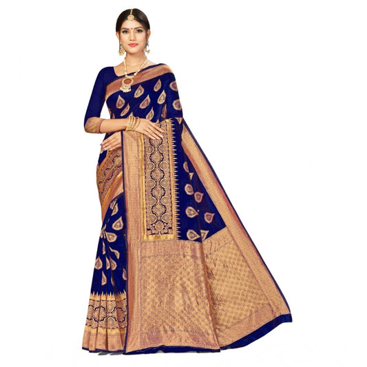 Shopper Beast Women's Banarasi Silk Designer Weaving Saree With Unstitched Blouse (Navy Blue, 5.50 Mtrs)