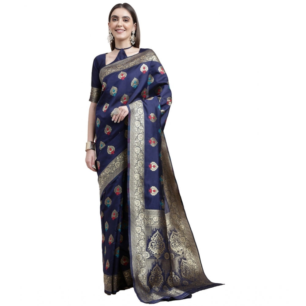 Shopper Beast Women's Kanjivaram Silk Designer Weaving Saree With Unstitched Blouse (Blue, 5.50 Mtrs)