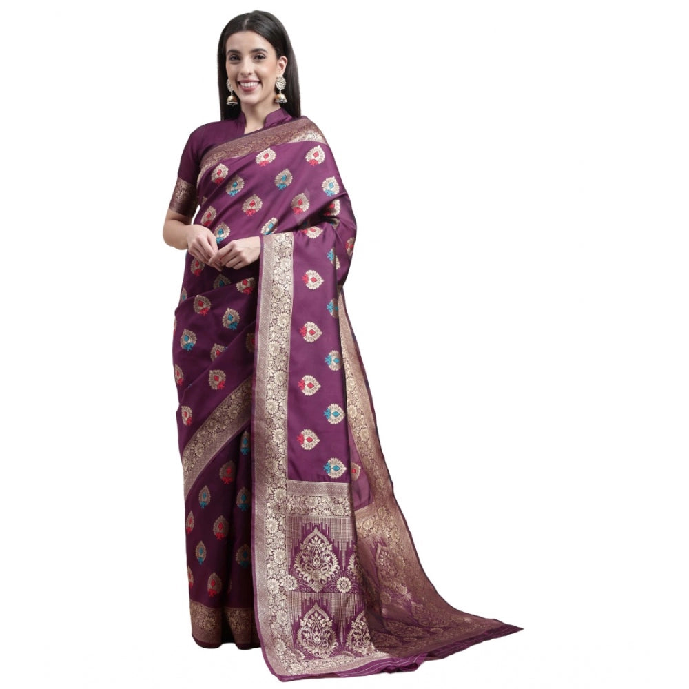 Shopper Beast Women's Kanjivaram Silk Designer Weaving Saree With Unstitched Blouse (Purple, 5.50 Mtrs)