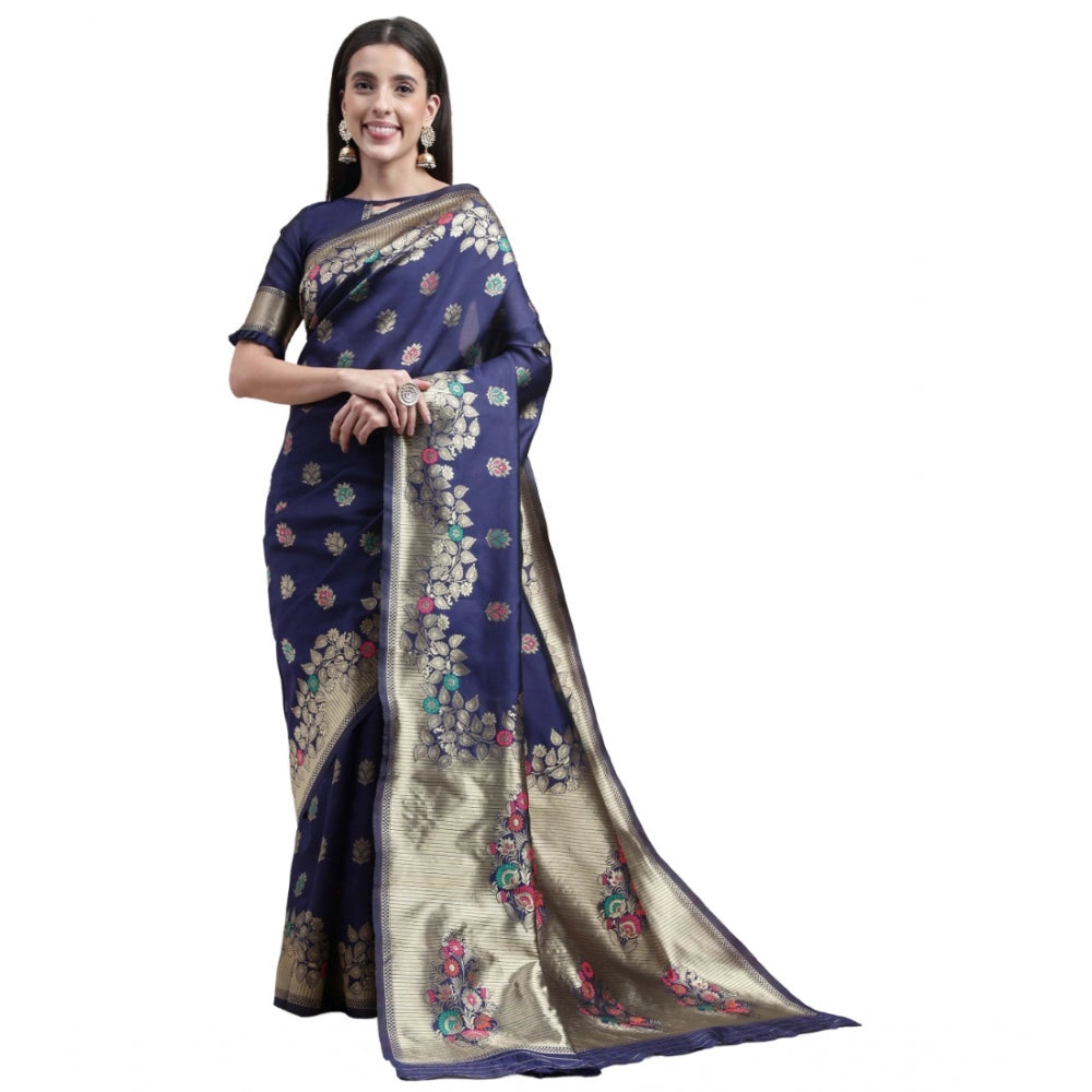 Shopper Beast Women's Kanjivaram Silk Designer Weaving Saree With Unstitched Blouse (Blue, 5.50 Mtrs)