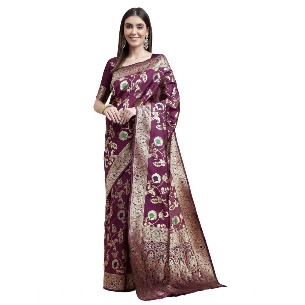 Shopper Beast Women's Kanjivaram Silk Designer Weaving Saree With Unstitched Blouse (Purple, 5.50 Mtrs)