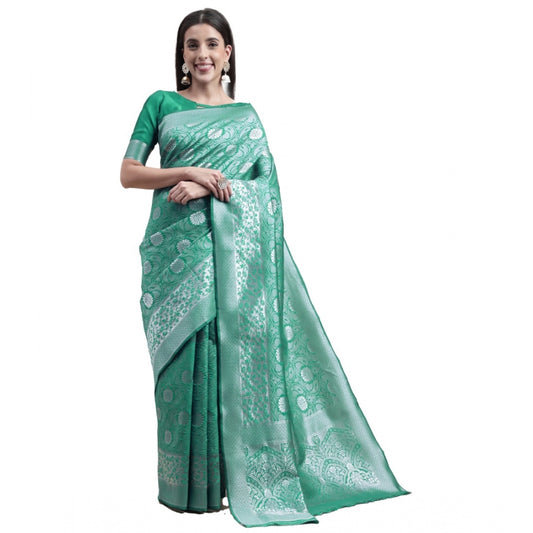 Shopper Beast Women's Kanjivaram Silk Designer Silver Weaving Saree With Unstitched Blouse (Green, 5.50 Mtrs)