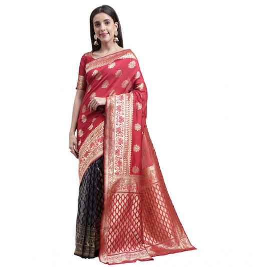 Shopper Beast Women's Kanjivaram Silk Designer Weaving Saree With Unstitched Blouse (Red,Blue, 5.50 Mtrs)