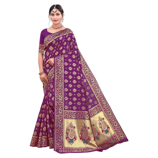 Shopper Beast Women's Banarasi Silk Designer Weaving Saree With Unstitched Blouse (Purple, 5.50 Mtrs)