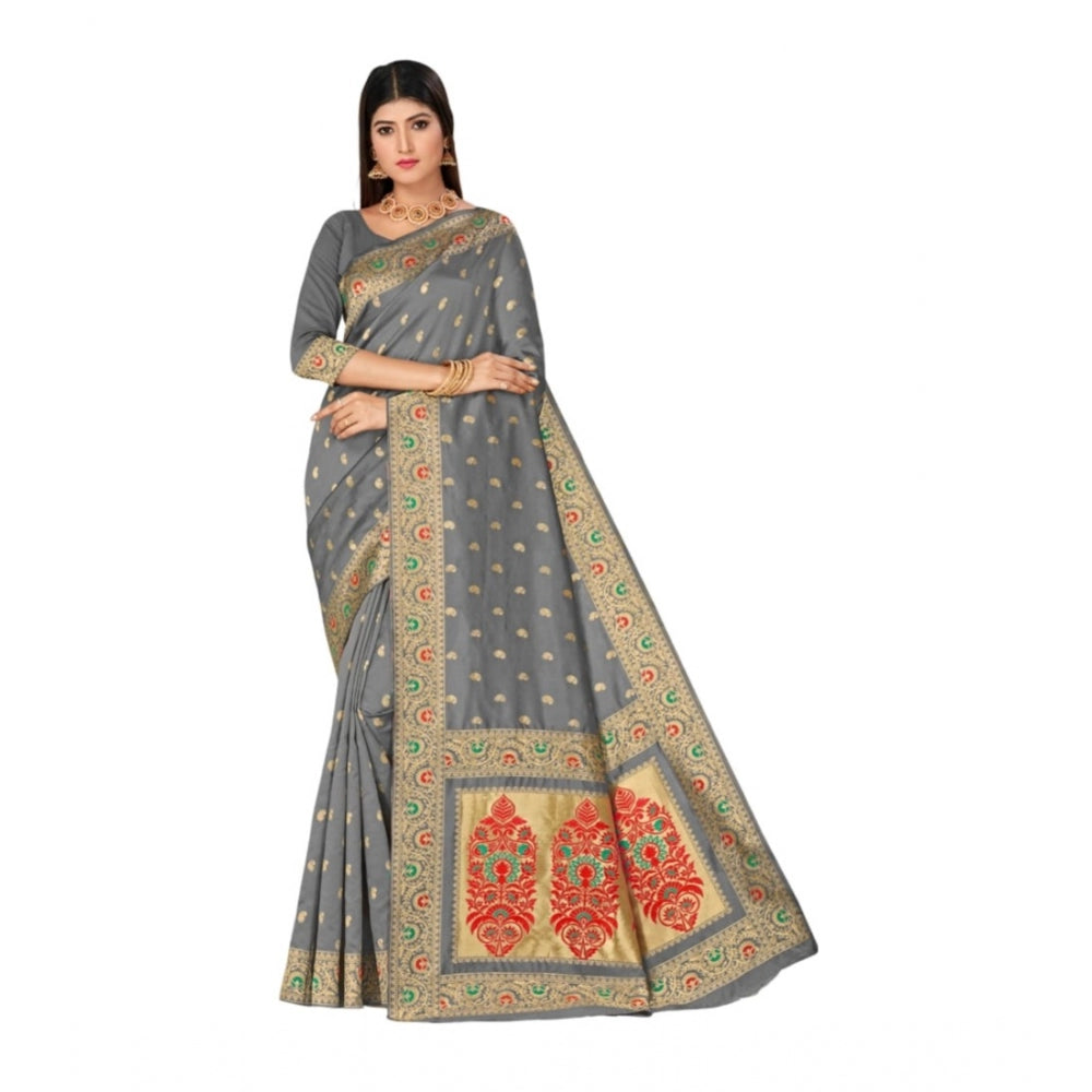 Shopper Beast Women's Banarasi Silk Designer Weaving Saree With Unstitched Blouse (Grey, 5.50 Mtrs)