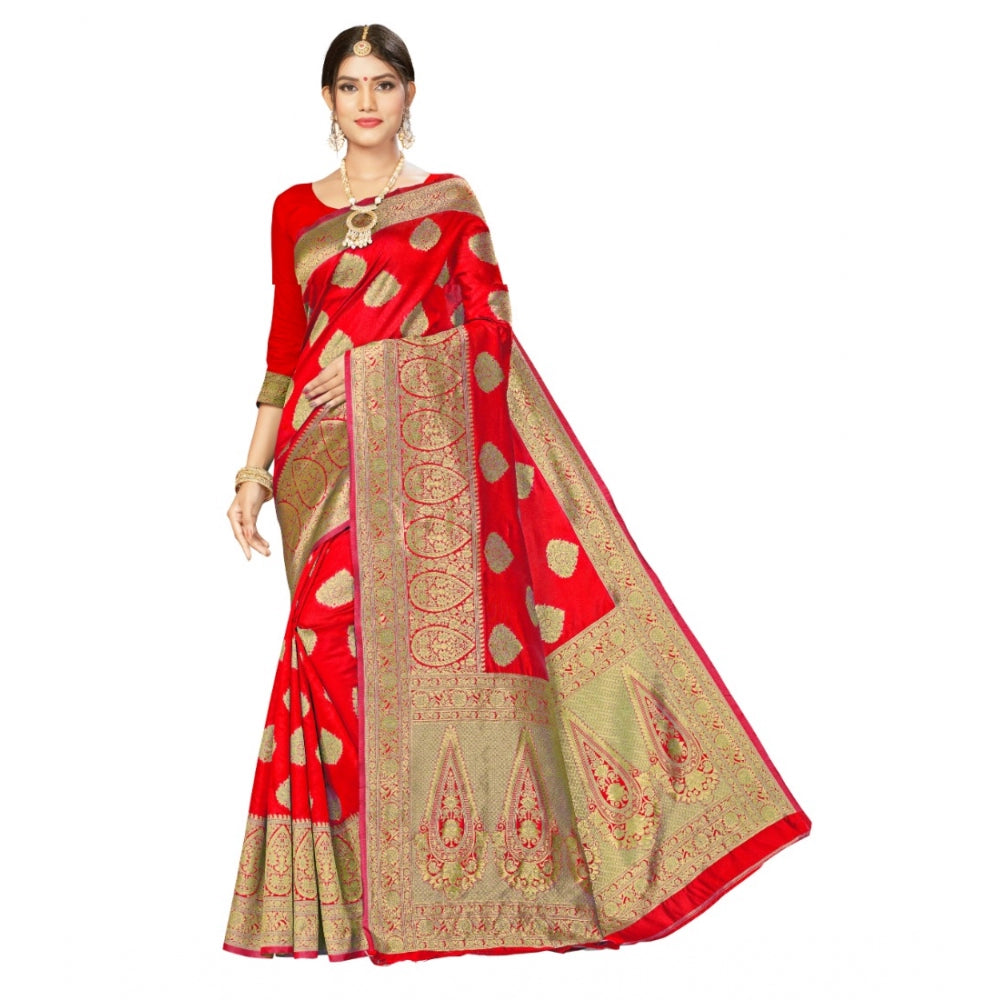 Shopper Beast Women's Banarasi Silk Designer Weaving Saree With Unstitched Blouse (Red, 5.50 Mtrs)