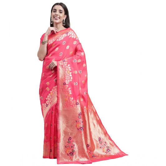 Shopper Beast Women's Kanjivaram Silk Designer Weaving Saree With Unstitched Blouse (Pink, 5.50 Mtrs)