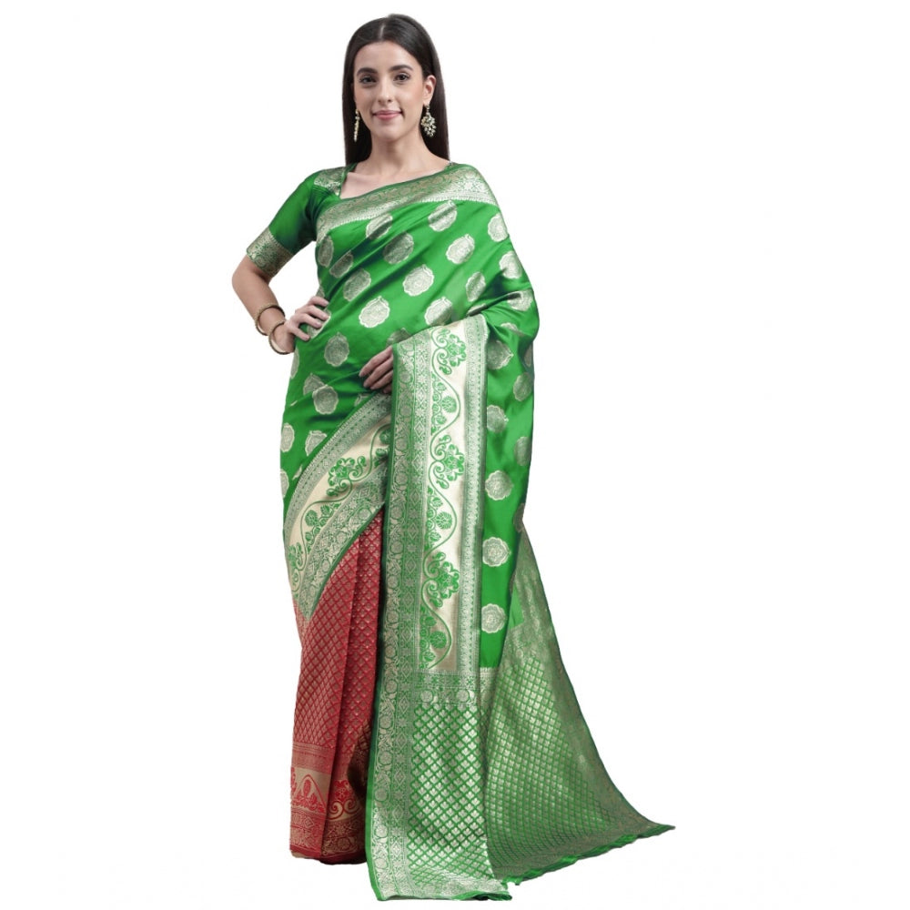 Shopper Beast Women's Kanjivaram Silk Designer Weaving Saree With Unstitched Blouse (Green &amp; Red, 5.50 Mtrs)