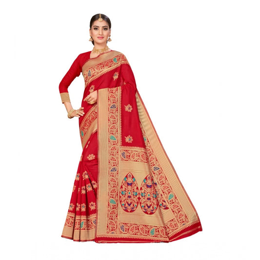 Shopper Beast Women's Banarasi Silk Designer Weaving Saree With Unstitched Blouse (Red, 5.50 Mtrs)