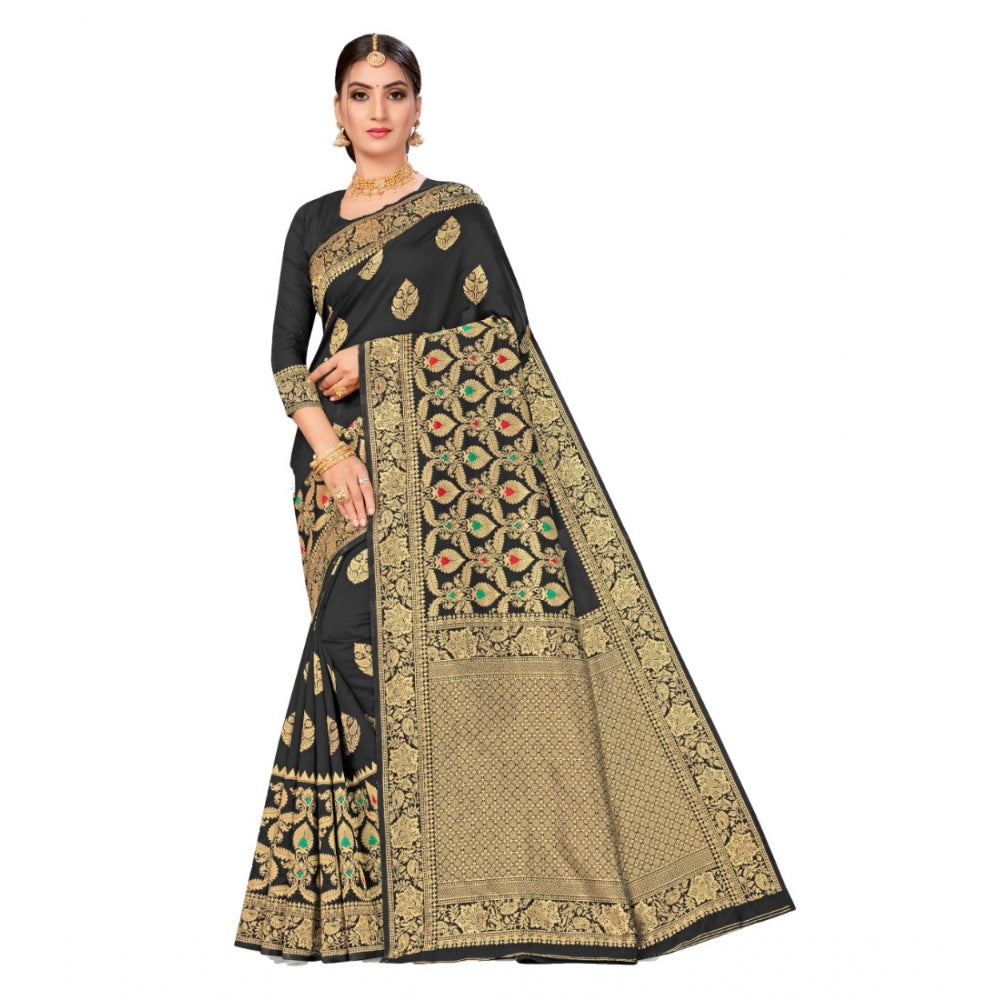 Shopper Beast Women's Banarasi Silk Designer Weaving Saree With Unstitched Blouse (Black, 5.50 Mtrs)