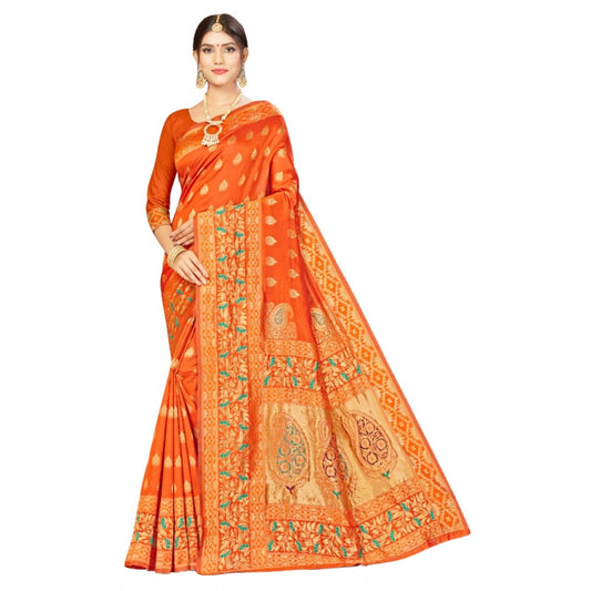 Shopper Beast Women's Banarasi Silk Designer Weaving Saree With Unstitched Blouse (Orange, 5.50 Mtrs)