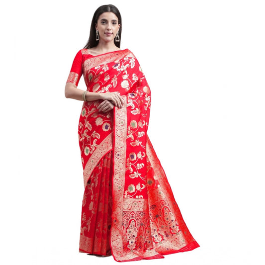 Shopper Beast Women's Kanjivaram Silk Designer Weaving Saree With Unstitched Blouse (Red, 5.50 Mtrs)