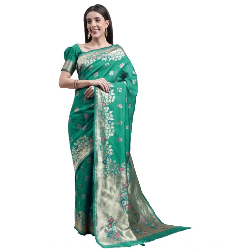 Shopper Beast Women's Kanjivaram Silk Designer Weaving Saree With Unstitched Blouse (Green, 5.50 Mtrs)