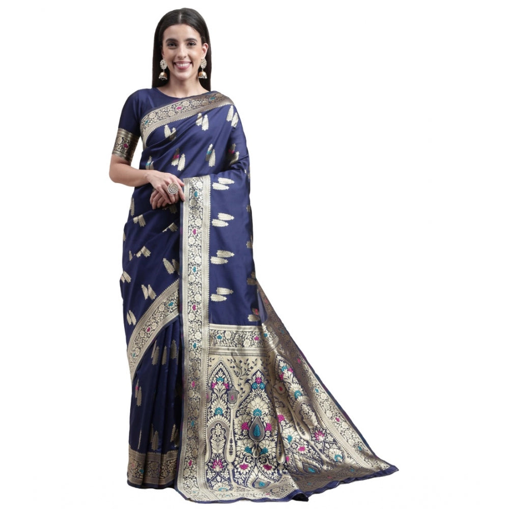 Shopper Beast Women's Kanjivaram Silk Designer Weaving Saree With Unstitched Blouse (Blue, 5.50 Mtrs)