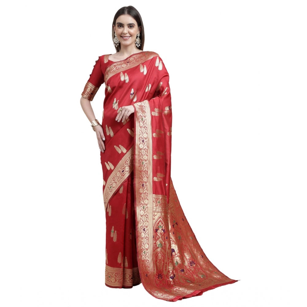 Shopper Beast Women's Kanjivaram Silk Designer Weaving Saree With Unstitched Blouse (Red, 5.50 Mtrs)